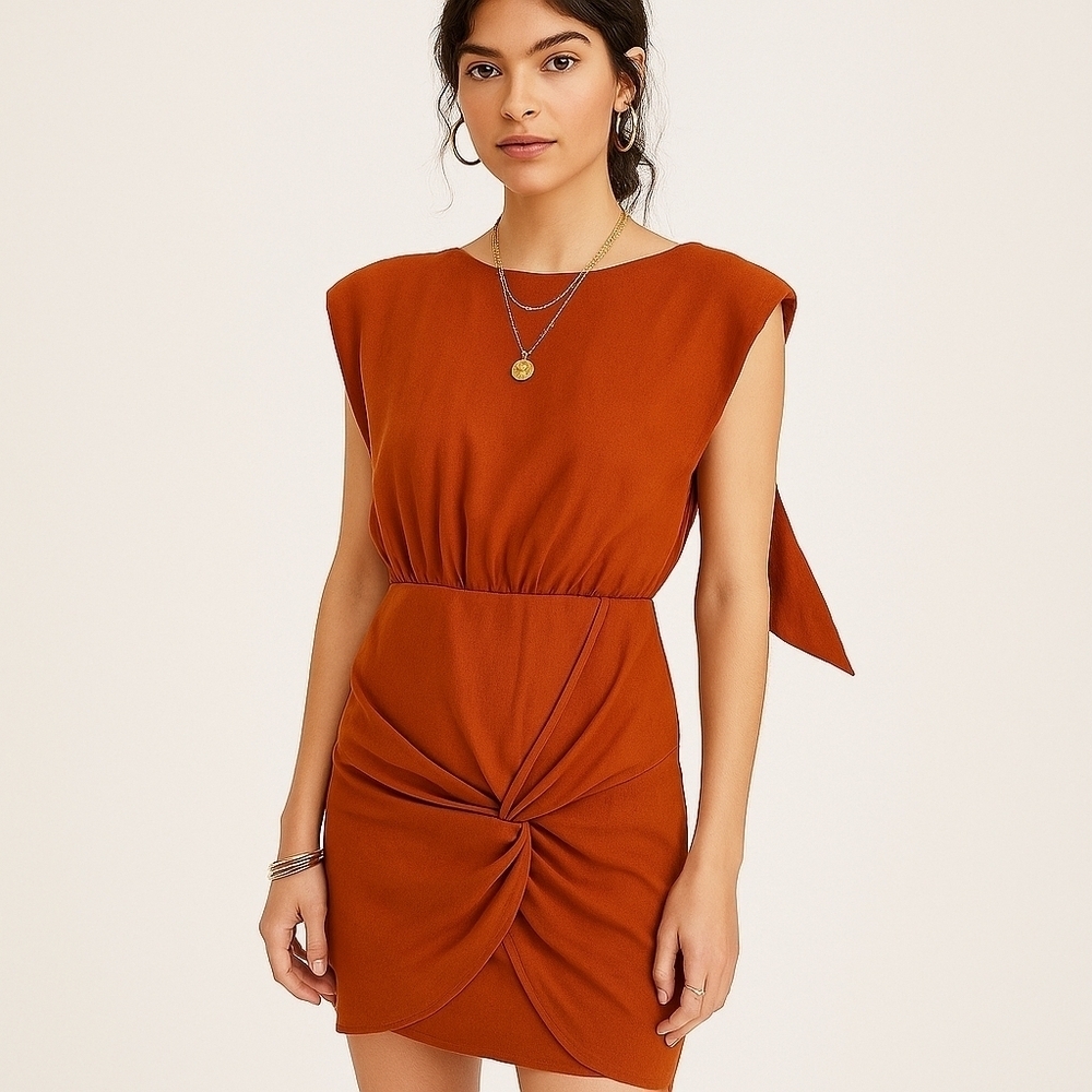 Free People Ruched Midi Wrap Dress in Burnt Orange – XS - NWT